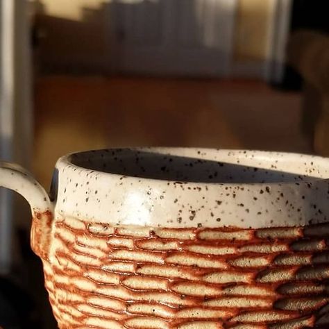 Jen Fox on Instagram: "Mugshot Monday!!! 
1. Finished glazed mug
2. Glazed Bisque (Amaco Brent Shino Matte Chai bottom, Satin White rim & inside)
3. Bisqueware 
4. Greenware - claybody 112 speckled brown

#amacoglazes #amacobrent #shino #mugshotmonday #pottery #ceramics #madeinaskutt" Amaco Brent, Amaco Glazes, White Rims, Pottery Ceramics, Mug Shots, Glaze, Fox, Mug, Satin