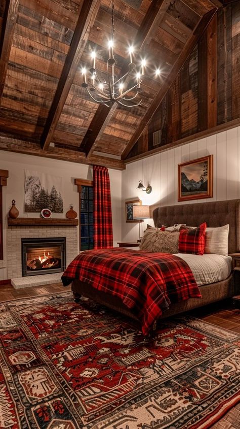 Cozy rustic cabin bedroom with fireplace, plaid bedding, wooden beams, and oriental rug. Warm and inviting decor for a relaxing getaway. Luxury Lodge Bedroom, Red Plaid Bedroom Ideas, Cabin Home Bedroom, Cabin Bedroom With Fireplace, Log Cabin Bedrooms Master Suite, Winter Cabin Interior, Cozy Cabin Bedrooms, Cozy Rustic Cabin, Colorado Cabin Decor