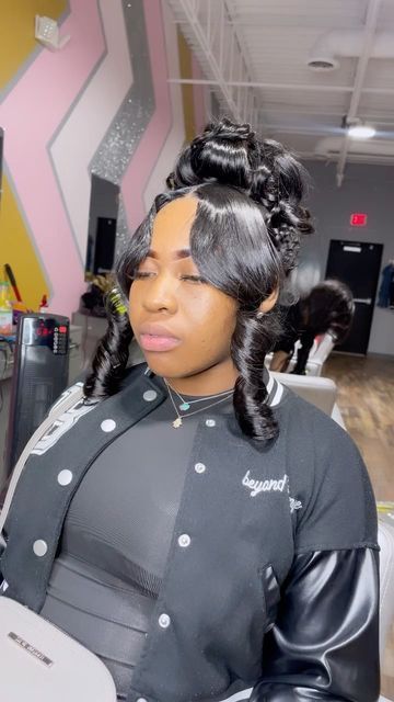 Pin Up With Bangs Black Women, Chicago Hair Stylist, Pin Up Quickweave, Pin Up Bun With Bang, Pin Curl Bun With Bang, Pin Up Black Women Hairstyles, Bun With Long Bangs, Pin Up Styles For Black Women, Chicago Hairstyles