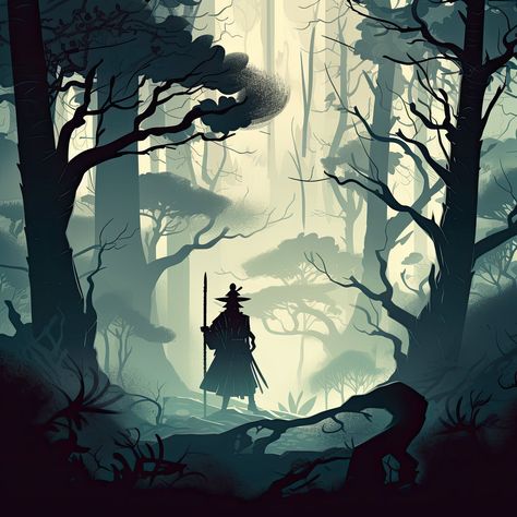 A high quality digital download of a samurai standing in a foggy forest in an abstract style. Due to the high quality of the image and the large file size, the download from Etsy will be for a PDF containing a link to the image in a google drive folder where it can be downloaded. Foggy Forest Drawing, Abstract Forest Painting, Silhouette Artwork, Forest Abstract, Forest Drawing, Inspo Art, Jesus Statue, Forest Adventure, Foggy Forest