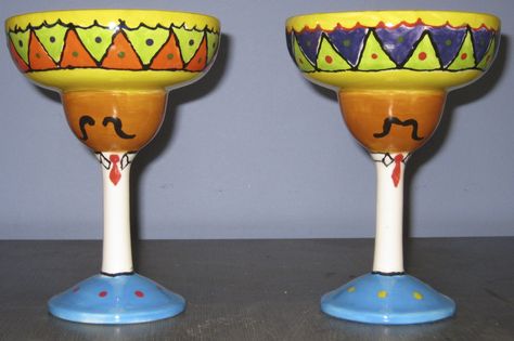 Sombrero margarita glasses painted by customer at Art  Soul Margarita Glass Pottery Painting, Ceramic Margarita Glasses, Painted Margarita Glasses Ideas, Margarita Glasses Diy, Margarita Glasses Painted, Margarita Glass Painting, Clay Cafe, Painting Pottery, Wine Glass Decor