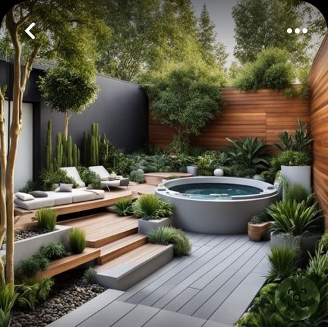 Outdoor Hot Tub, Lots Of Plants, Modern Backyard Landscaping, Jacuzzi Outdoor, Backyard Renovations, Modern Garden Design, Patio Garden Design, Modern Backyard, Outdoor Decor Backyard