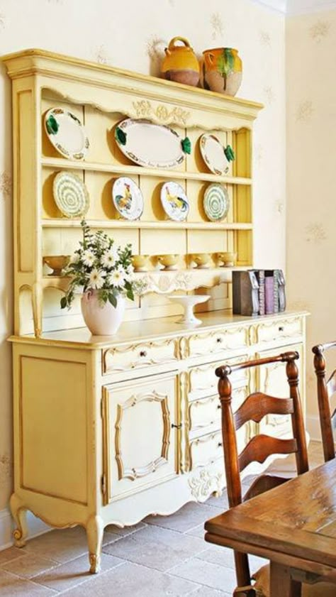 *Honey Bee's*cottage*                                                                                                                                                                                 More Rustic Painted Furniture, Credenza Shabby, Painted Hutch, Yellow Dining Room, French Provence, Provincial Furniture, Yellow Cottage, Cabinets Shelves, Chair Makeover