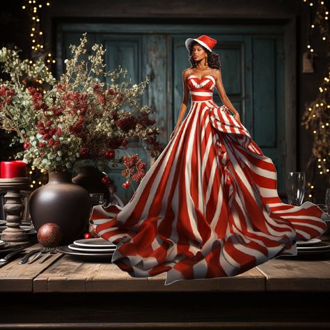 This centerpiece captures the essence of the holiday season with stunning precision. She's elegantly adorned in a red and white holiday dress.  The woman's form is expertly crafted from premium cardstock and Styrofoam, lending her a sense of texture and depth that is truly enchanting. Her dress is a striking focal point, boasting a classic holiday color palette that immediately draws the eye. The red and white stripes wrap around her figure, creating a vibrant and visually appealing contrast. To Black White And Red Christmas Decor, Red And White Centerpieces, Christmas Decor Red And White, Christmas Dinner Party Decorations, Christmas Tablescapes Elegant, Christmas Party Centerpieces, Tablescape Christmas, Red And White Christmas Decor, Elegant Christmas Centerpieces