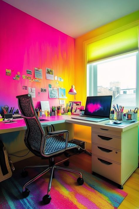 Painting Ideas For Office, Dopamine Decor Office, Cubicle Makeover Ideas, Diy Photo Collage, Photo Collage Diy, Playful Home, Colorful Lamp, Cubicle Makeover, Fun Desk