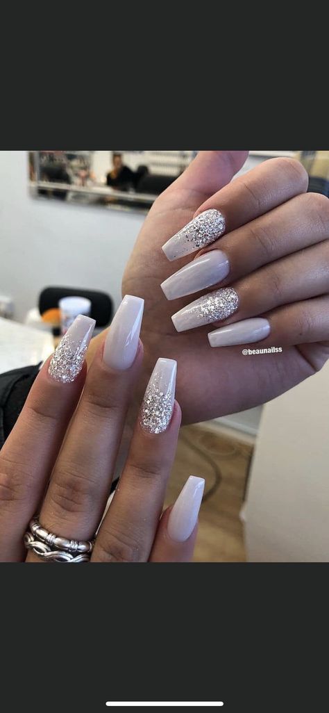 White Acrylic Nails With Glitter, Nails Acrylic White, Nails Acrylic Short, Engagement Nails, Glitter Nails Acrylic, White And Silver Nails, Graduation Nails, Formal Nails, White Glitter Nails