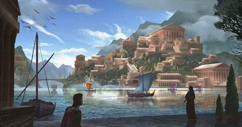 Greek Town, Ancient Greek City, Greek City, Rome City, Landscape Concept, Fantasy City, Fantasy Castle, Fantasy Setting, Fantasy Places