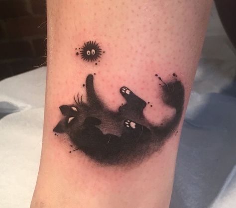 Black Cat Tattoo Ideas, Sprite Tattoo, Skinhead Tattoos, Soot Sprite, Ghibli Tattoo, Black Cat Tattoos, Muster Tattoos, 4 Tattoo, Cat Tattoo Designs