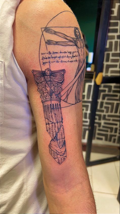 Greek Colloseum Tattoo, Pillar Tattoo Design, Greek Pillar Tattoo, Pillar Tattoo, Atlas Tattoo, Greek Mythology Tattoos, Greek Blue, Art Beat, Mythology Tattoos