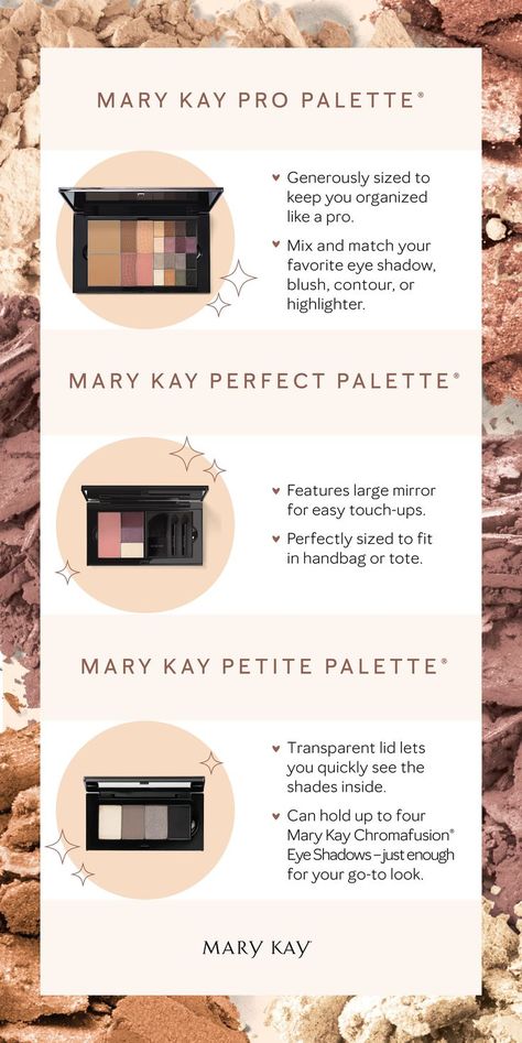 Customize your makeup palettes with Mary Kay favorites. Plus, choose between three different sizes that fit your every beauty need. Mary Kay Palette Ideas, Mary Kay Eyeshadow Palette, 30 Faces In 30 Days Mary Kay, Mary Kay Seminar 2023, Mary Kay Party Ideas Themes, Mary Kay New Products 2023, Mary Kay Eye Shadow Pallets, Mary Kay Makeup Tips, Mary Kay Products 2023