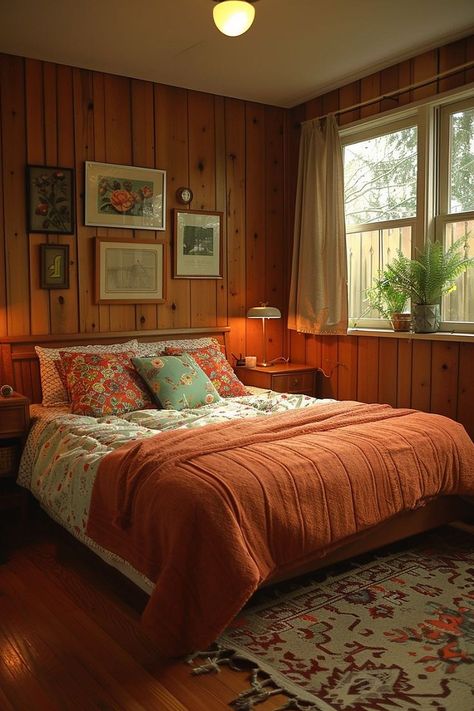 Wood Paneled Bedroom, Paneled Bedroom, Wood Panel Bedroom, Vintage Bedroom Ideas, Panel Bedroom, Bedroom Ideas Inspiration, Bedroom Panel, Vintage Bedroom, Bedroom Vintage