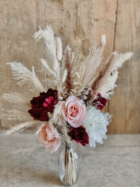 Mauve And Pampas Grass Wedding, Pampas Grass Wedding Colors, Red Rose And Pampas Bouquet, Burgundy And Blush Boho Wedding Flowers, Burgundy And Pampas Wedding, Burgundy Pampas Grass Wedding, Dusty Rose And Red Wedding, Pampas Grass Wedding Flowers, Burgundy And Dusty Rose Wedding Tables