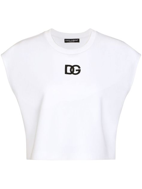 logo-print sleeveless T-shirt from DOLCE & GABBANA featuring cloud white, cotton, jersey knit, logo print to the front, round neck, sleeveless, straight hem and cropped. | Dolce & Gabbana logo-print sleeveless T-shirt Knit Logo, Sleeveless T Shirt, Cropped T Shirt, Cloud White, Dolce E Gabbana, Sleeveless Tshirt, Crop Tshirt, Dolce & Gabbana, Curator Style