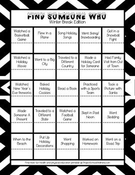 This Find Someone Who games creates a great opportunity for students to connect with classmates and engage in a fun fitness activity. Download, print, and use this winter-time warm up/fitness activity for any P.E. classroom! Winter Break Activities, Health Lesson Plans, School Wellness, Focus On Health, Project School, Rhythm Activities, High School Lesson Plans, Health Literacy, Middle School Lesson Plans