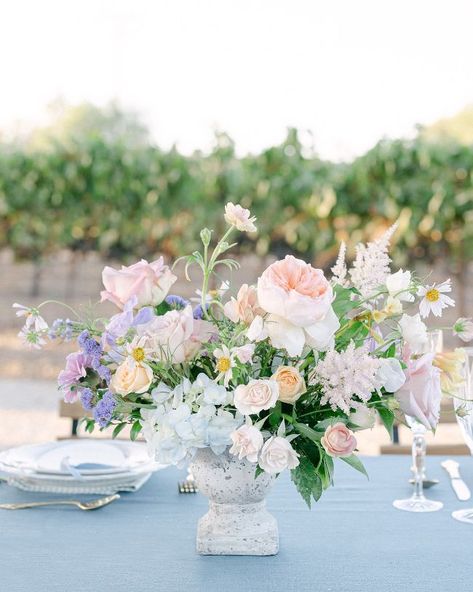 Under The California Tuscan Sun Wedding Blue French Country Wedding, Vineyard Wedding Centerpieces, Sun Wedding, Pastel Wedding Theme, French Country Wedding, Table Floral Arrangements, Light Pink Wedding, Garden Wedding Reception, Good Wine