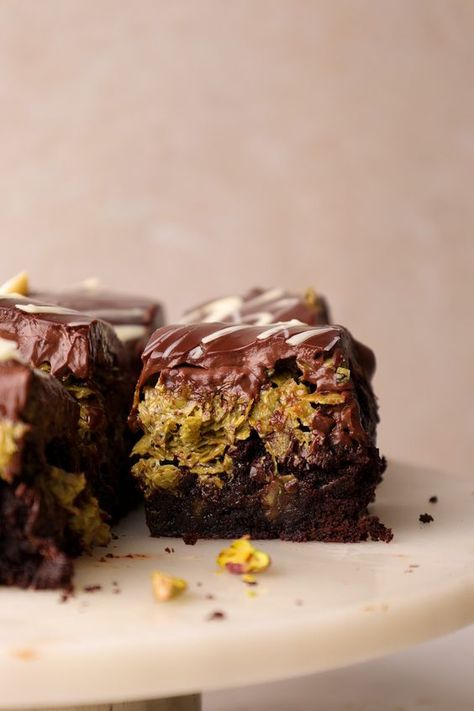 Pistachio Chocolate Brownie (Viral Dubai Chocolate Bar Inspired) Thick Chocolate Ganache, Healthy Protein Desserts, Dairy Free Butter, Pistachio Paste, Dubai Chocolate, Pistachio Chocolate, Pistachio Recipes, Pistachio Butter, Filo Pastry