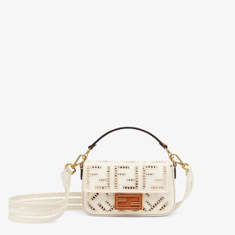 White canvas bag with embroidery - BAGUETTE MINI | Fendi Fendi Baguette Mini, Mini Baguette Bag, Bag With Embroidery, Mini Baguette, Baguette Bags, Fendi Store, Fendi Mini, Fendi Handbag, Baguette Bag