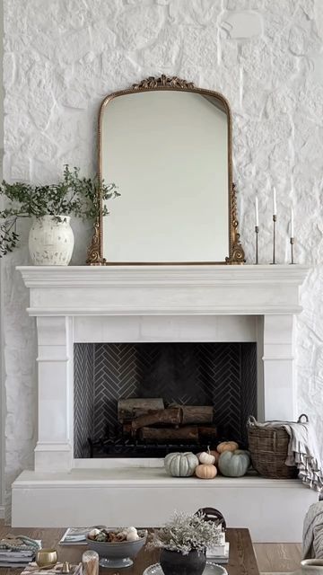 Tricia Crist on Instagram: "We knew when we built that we wanted a wood burning fireplace in our family room!  And wanted it extra large!  I get asked a lot on our measurements of it!  So including those here!  ~Fireplace surround is 90” wide x 83” high ~The opening is 63” wide x 40” high ~After the company did a terrible job on our original surround, we chose a precast that was paint grade.  We still haven’t painted it.  We had major issues with both of our surrounds, so I won’t give out the name of who we used  *Do you prefer a wood burning or gas fireplace?  ~our stone is limestone from Solstice Stone, color is Chateau White ~herringbone brick is fire rated from the fireplace company  • • • #beautifulhomesofinstagram  #newbuildhome  #fireplacedecor #fireplace #fireplacedesign #woodburni Vintage Fireplace Mantle, White Fireplace Surround, Wooden Fireplace Surround, Herringbone Brick, White Mantel, Classic Fireplace, French Fireplace, Wooden Fireplace, Vintage Fireplace