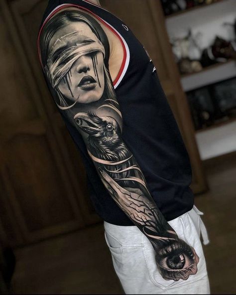 Expensive Tattoos, Full Sleeve Tattoos Ideas, Justice Tattoo, Half Sleeve Tattoo Stencils, Black And Grey Tattoos For Men, All Seeing Eye Tattoo, Mangas Tattoo, Full Hand Tattoo, Full Sleeve Tattoo Design