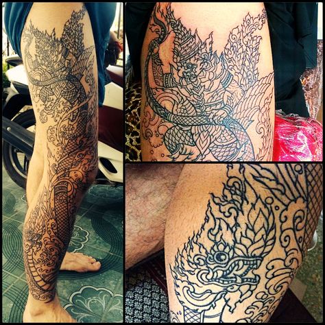 Thai Style Tattoo Naga and Garuda full leg tattoo Thai Leg Tattoo Men, Thai Leg Tattoo, Naga Tattoo, Thai Tattoos, Tattoo Thai, Muay Thai Tattoo, Body Artwork, Tattoo Homme, Khmer Tattoo