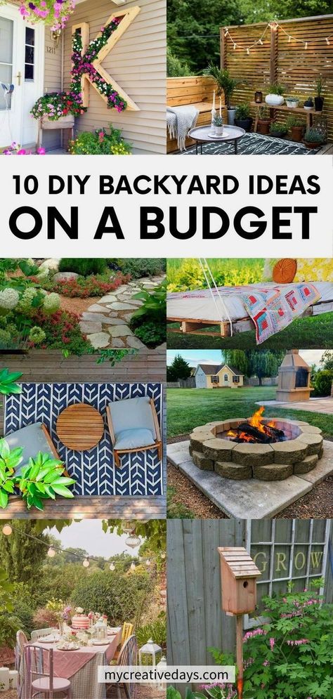 Create your own backyard oasis with our 10 DIY backyard ideas on a budget! From outdoor firepit, patio designs, outdoor décor, and gardening, we have the perfect DIY backyard ideas to create your cheap backyard makeover. For small yards to big spaces, we have the perfect cozy, cool, and cheap backyard ideas. Budget home decorating, DIY home decor Backyard Ideas Easy, Small Backyards On A Budget, Landscape Ideas On A Budget, Backyard Landscaping Diy Budget, Diy Small Backyard, Outdoor Patio Ideas On A Budget Diy Simple, Cheap Garden Ideas Budget Backyard, Cute Small Backyard Ideas, Builder Grade Backyard Makeover