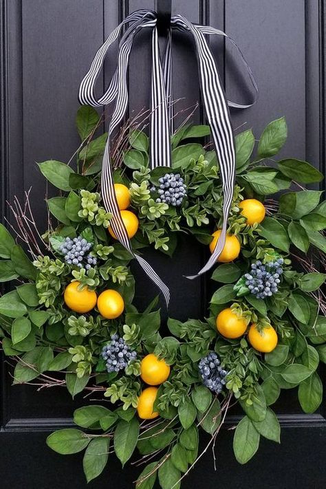 spring wreath ❤️. Not a big fan of fruit in floral design but I like this! Spring Door Decoration, Diy Spring Wreath, Lemon Wreath, Spring Wreaths, Spring Door, Seasonal Wreaths, Deco Floral, Spring Home Decor, Spring Diy