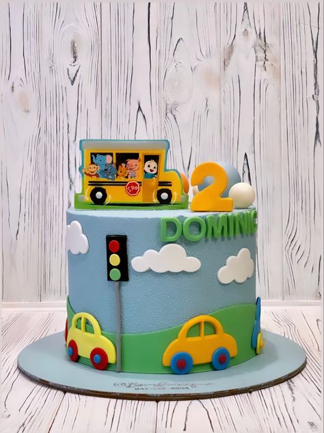 Wheels On The Bus Cake Topper, Birthday Cakes For 2 Year Boys, Wheels On The Bus Birthday Cake, Wheels On The Bus Birthday Party Cake, Bus Cakes For Boys, Cocomelon Bus Cake, Vehicle Theme Cake, Bus Theme Cake, Wheels On The Bus Cake