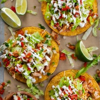 Chicken Tostadas - I Am Homesteader Creamy Refried Beans, Baked Tostadas, Tostada Shells, Chicken Tortilla Casserole, Homemade Pico, Tortilla Casserole, Tostada Recipes, Rotisserie Chicken Salad, Crispy Corn