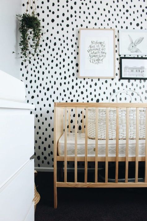 Gender Neutral nursery with polka dot feature wall. Hand painted by the way. Say whaaat?! Trendy Nursery, Nursery Tour, Polka Dot Walls, Unisex Nursery, Baby Room Design, Nursery Inspo, Nursery Baby Room, Gender Neutral Nursery, Neutral Nursery