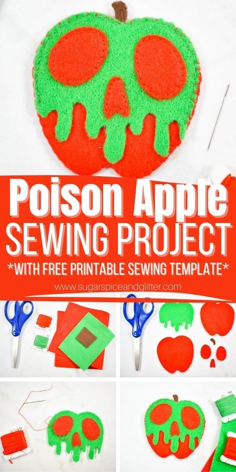 How to make your own Felt Poison Apple craft using our free printable sewing pattern (or SVG cut file), a fun Disney sewing project perfect for beginners! Poison Apple Craft, Apple Sewing, Apple Crafts Preschool, Disney Felt, Make Your Own Snow, Disney Sewing, August Activities, Snow White Poison Apple, Apple Template