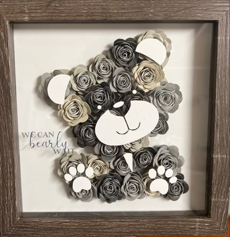 Nursery Shadow Box Ideas, Rolled Flower Shadow Box Ideas, Frames For Teachers, Cricut Shadow Box Ideas, Cricut Shadow Boxes, Flower Shadow Box Ideas, Satin Flowers Diy, Baby Shadow Box, Scrapbook Frame