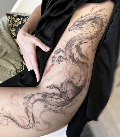 Dragon Tattoo On Thigh, Dragon Hip Tattoo, Dragon Tattoo Leg, Dragon Thigh Tattoo, Tattoo Dragon, Health Tattoo, Large Tattoos, Dragon Tattoo, Tattoo You