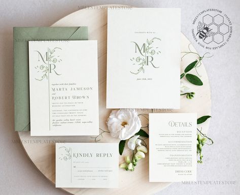 "Floral Sage Green Monogram wedding Invitations Set Template, Instant Download Printable Invites Home Printing, Wedding Invitation Card Modern wedding Invitation Template, Instant Download Printable Invites Home Printing, Simple Boho Wedding Invitation Card Set, Monogram light green floral initials wedding invitations template We will be glad to take part in the preparation of your event! DIY TEMPLATE - COMPUTER EDITING ONLY Editing on mobile is not possible! Please read the description. This We Sage Green Blush Pink Wedding Invites, Initials Wedding Invitation, Wedding Invitations Set, Computer Editing, Simple Wedding Cards, Diy Wedding Invitations Templates, Oceanfront Wedding, Green Invitations, Invitations Ideas