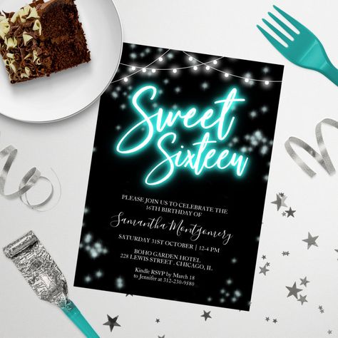 Sweet 16 Birthday Teal Neon Glow Dark Party Invitation Diy Birthday Invitations, Neon Birthday, Glow Birthday, Dark Party, Sweet 16 Gifts, Sweet Sixteen Parties, Sweet 16 Invitations, Dinner Invitations, Neon Glow