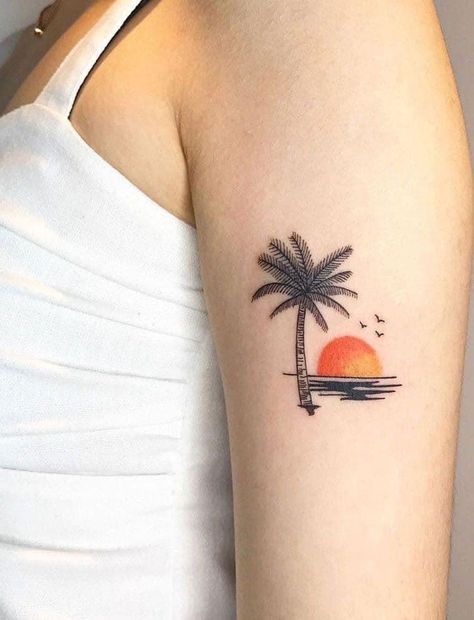 Coastal Tattoos For Women, Medium Tattoos For Women, Beach Tattoos For Women, Coastal Tattoos, Small Beach Tattoos, Beachy Tattoos, Beach Tattoos, Sunset Tattoo, Tropical Tattoo