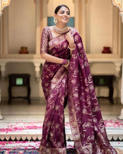 RAS 5075 SINGLES AVAILABLE THE BANARASI SAREE PRESENTED BY AAYNA IS MADE UP OF SILK THREADS WOVEN USING INTRICATE TECHNIQUES. SAREES WITH HEAVY BROCADE WORK AND GOLD ZARI WORK ARE ITS MOST STRIKING FEATURES 🔰 FABRICTYPE: BANARASI SOFT SILK SAREE 🔰 SAREE LENGTH 5.5 METER 🔰 BLOUSE LENGTH 0.8 METER Wine Color Saree, Festive Saree, Diwali Dresses, Buy Designer Sarees Online, Brocade Blouse, Purple Saree, Silk Saree Banarasi, Bollywood Lehenga, Saree Gown