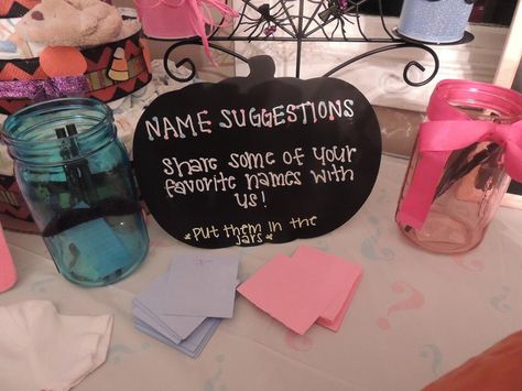 Name suggestion jar Gender Reveal Name Suggestions Signs, Gender Reveal Name Suggestions, Gender Reveal Return Gift Ideas, Name Suggestions Gender Reveal, Baby Name Suggestion Sign, Name Suggestions Baby Shower Ideas, Co-ed Baby Shower Games, Gender Reveal Party Food, Baby Shower Return Gifts