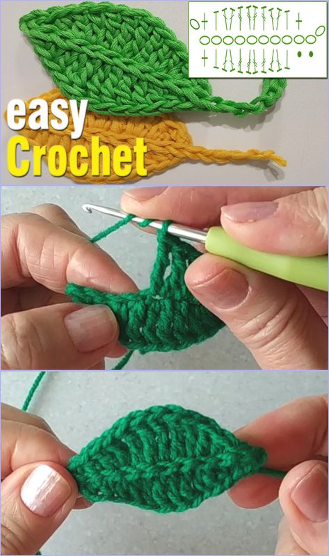 How to Crochet a Simple Leaf – video tutorial. Free pattern. For crochet beginner's, it will introduce the weave of simple basic: foundation chain, single crochet, half-double crochet, double crochet, triple crochet and slip stitches. Crochet Leaf Flowers, Simple Leaf Crochet, Crochet Leaves And Stems, Simple Crochet Leaf Pattern, Crocheted Poppies Free Pattern, Easy Crochet Leaves Free Pattern, How To Crochet A Leaf Video Tutorials, Crochet Leaves Free Pattern Diagram, Crochet Leaf Tutorial