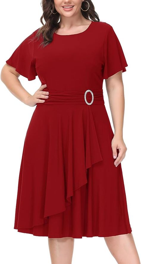 Women's Plus Size High Waist Cascade Dress Flowy Swing Cocktail Party Dress Dark Red 16W at Amazon Women’s Clothing store Cascade Dress, One Shoulder Dresses, Fashion Dresses For Women, Shoulder Dresses, Dress Flowy, Cocktail Party Dress, Women Plus Size, Night Out Dress, Top 50