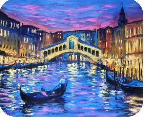 Venice Landscape Paintings, Venice Italy Painting Acrylic, Venecia Painting, Venice Painting Acrylic, Romantic Canvas Painting, Italy Art Painting, Venice Night, Painting Romantic, Night Reflection