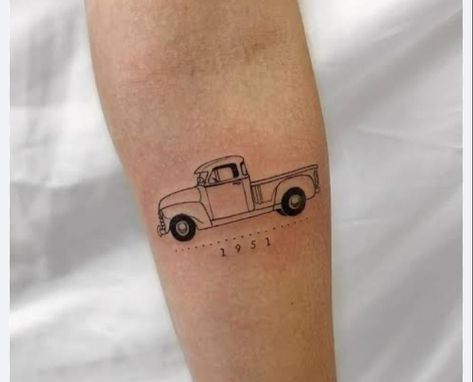 Old Truck Tattoo Ideas, Vintage Truck Tattoo, Simple Truck Tattoo, Old Ford Truck Tattoo, Red Truck Tattoo, Mustang Car Tattoo For Women, Old Car Tattoo Vintage, Small Truck Tattoo, Mini Car Tattoo