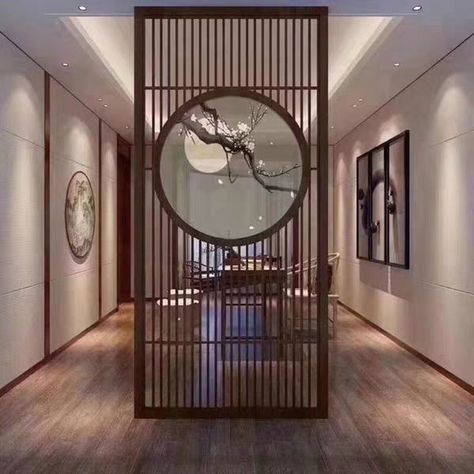 Living Dining Partition, Modern Chinese Interior, Reka Bentuk Dalaman, Stainless Steel Art, Living Room Divider, Chinese Interior, Living Room Door, Wood Screens, Living Room Partition