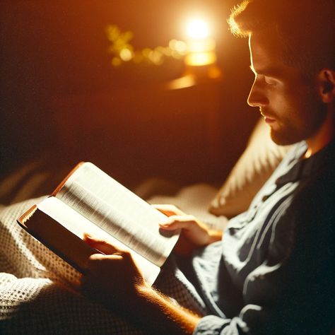 A serene scene of a man reading the Bible while lying down in bed, illuminated by the soft glow of low light that adds a touch of sensuality to the moment. The focus is on the tranquil and reflective atmosphere created by the act of reading sacred texts in a personal, intimate setting. The man is absorbed in the pages of the Bible, surrounded by the warmth and comfort of his bed, with the dim... Jesus Tiktok, Physical Relationship, Wild Aesthetic, Christian Background Images, Vision Board Pics, Man Reading, Reading The Bible, Christian Backgrounds, Book Background