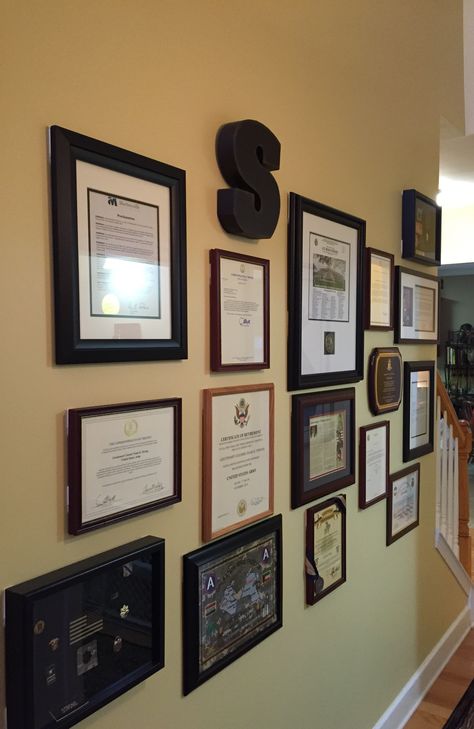 Degree On Wall, Wall Of Achievement Ideas, Awards Wall Display Ideas, How To Display Certificates On Wall, Award Display Ideas Office, Wall Of Fame Ideas Home, Wall Of Certificates, Degree Wall Display Ideas, Achievement Wall Display Ideas