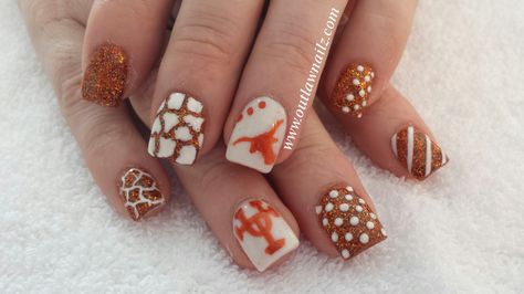 Nails Ut Longhorn Nails, Texas Longhorns Nails, Longhorn Nails Designs, Texas Longhorn Nails, Texas Longhorns Nail Designs, Ut Gameday Outfit Longhorns, Longhorn Nails, Ut College, Texas Longhorns Womens Apparel