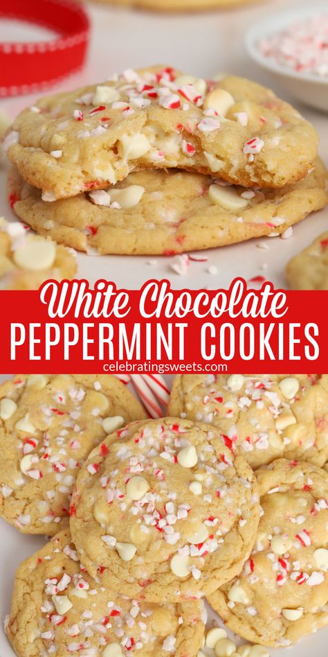 A new fun and festive cookie recipe coming just in time for Christmas! This recipe is loaded with crushed peppermint candies and lots of white chocolate chips. The combination of peppermint and white chocolate is perfect for a sweet Christmas dessert. Quick Holiday Treats, White Chocolate Peppermint Cookies, Peppermint Desserts, Xmas Foods, Peppermint Dessert, White Chocolate Peppermint, Merry Kissmas, Christmas Candies, Chocolate Peppermint Cookies