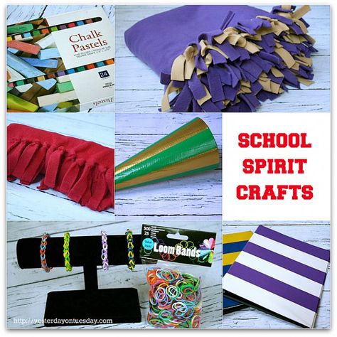 School Spirit Crafts: Fun projects to show off your school spirit! #yesterdayontuesday #schoolspiritcrafts #ducktapecrafts #fleeceblanket #fleecescarf #loombandbracelets #plasticbracelets #craftsandframes High School Spirit Items To Sell, Diy School Spirit Ideas, Cricut School Spirit Ideas, Diy School Spirit Crafts, School Spirit Crafts To Sell, Building School Spirit, School Spirit Ideas, School Spirit Crafts, School Spirit Store