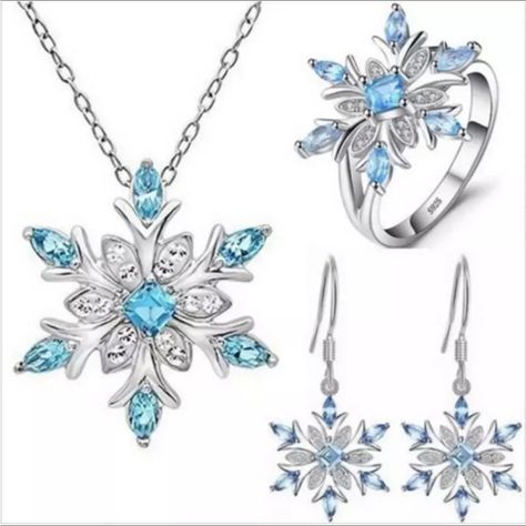 Brand New Frozen Snowflake Jewelry 3-Piece Set 925 Silver Necklace Ring Sz 6 Earrings Snowflake Ring, Girls Ring, Snowflake Jewelry, Snowflake Necklace, Snowflake Earrings, Necklace Ring, Blue Snowflakes, Rings For Girls, Crystal Flower