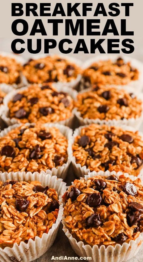 These baked chocolate chip oatmeal muffins are ooey-gooey, chocolatey goodness. Made with old fashioned rolled oats and chocolate chips, these make a great grab-and-go breakfast. Baked Chocolate Chip Oatmeal, Chocolate Chip Oatmeal Cups, Chocolate Chip Oatmeal Muffins, Oats And Chocolate Chips, Oats And Chocolate, Oatmeal Cupcakes, Baked Oatmeal Muffins, Oatmeal Muffins Healthy, Oatmeal Chocolate Chip Muffins