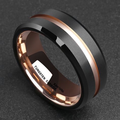 King Will Mens 8mm Black Matte Finish Tungsten Carbide Ring 18K Rose Gold Plated Beveled Edge Wedding Band | Amazon.com Blue Tungsten Ring, Rose Gold Plated Ring, Mens Wedding Bands Tungsten, Black Tungsten Rings, Tungsten Carbide Wedding Bands, Tungsten Mens Rings, Tungsten Carbide Rings, Tungsten Wedding Bands, White Gold Jewelry